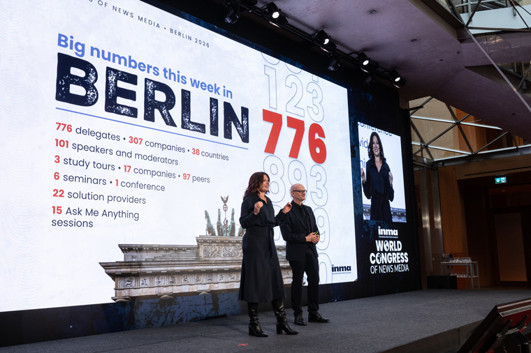 INMA World Congress co-moderators Jodie Hopperton and Robert Whitehead open the conference in Berlin on Wednesday.
