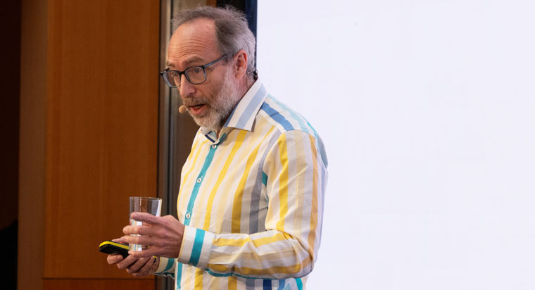 Jimmy Wales, founder of Wikipedia, giving his keynote speech.