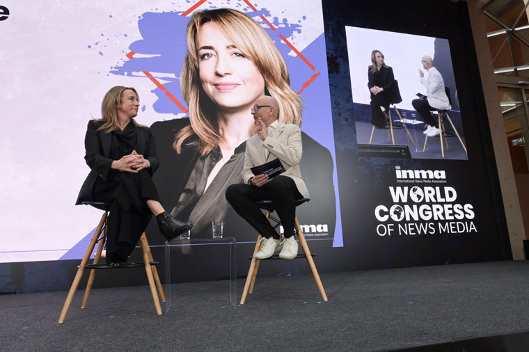 Katharine Viner, the editor-in-chief of The Guardian, talks on stage with World Congress Co-Moderator Robert Whitehead in Berlin last week.