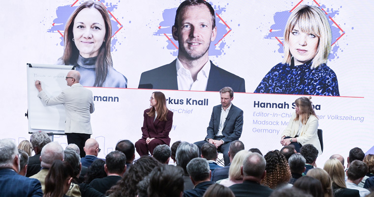 Left to right: World Congress Co-Moderator Robert Whitehead, GPA Head of Drive Katja Fleischmann, Ippen Editor-in-Chief Markus Knall, Leipziger Volkszeitung Editor-in-Chief Hanna Suppa.