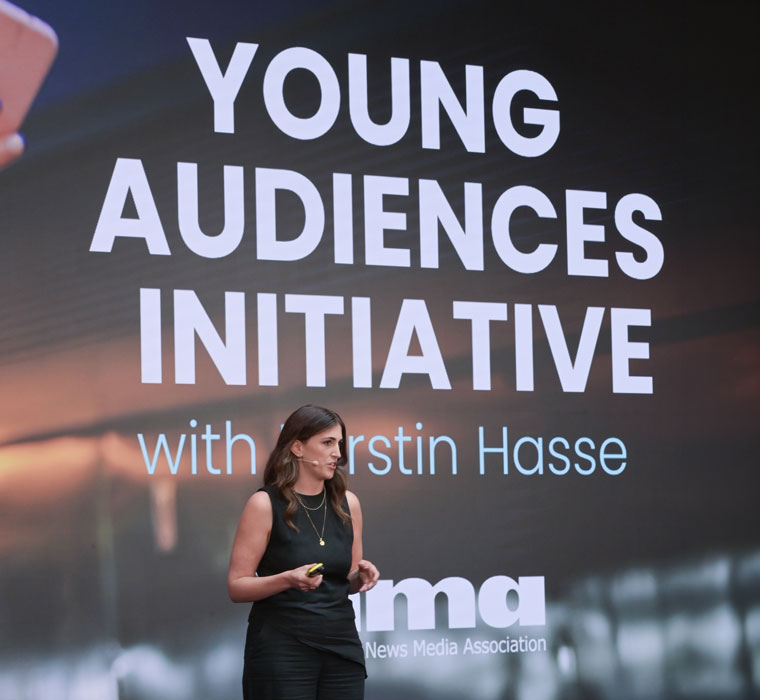 INMA Young Audiences Initiative Lead Kerstin Hasse speaks in Berlin.