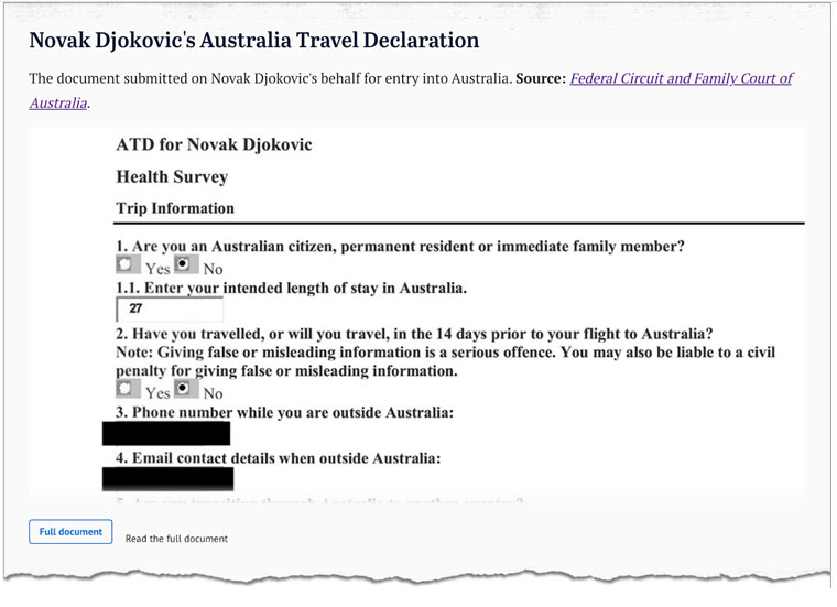 The tear-out function offered additional context for the situation regarding Novak Djokovic’s travels to Australia.