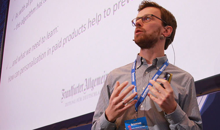 Nico Wilfer speaking at INMA's Media Innovation Week in Amsterdam last month.