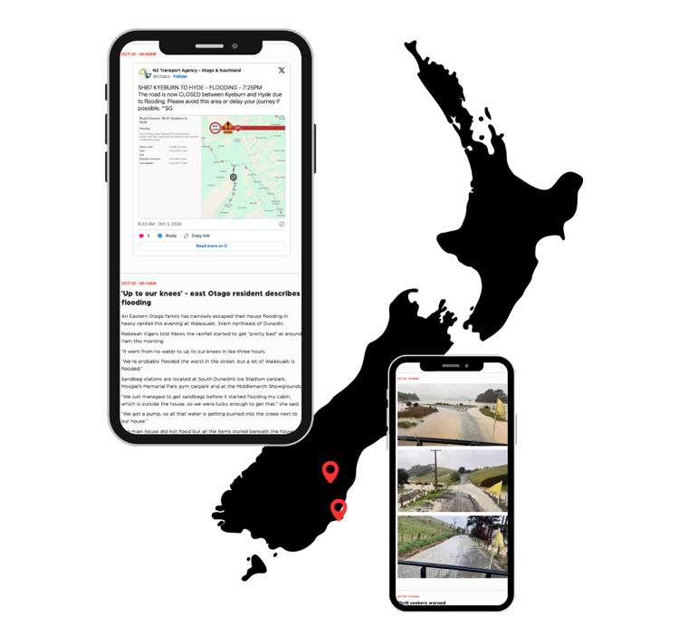 Examples of 1News live reports on flooding in Dunedin, advising local residents to stay home.