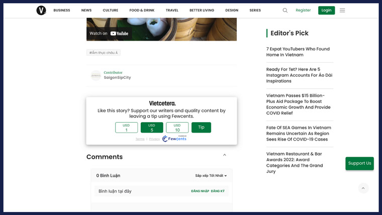 Vietcetera collects virtual tips from its audience.