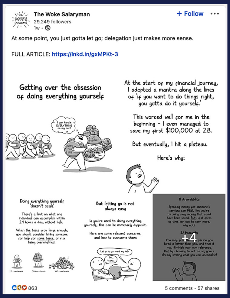 The Woke Salaryman from Singapore uses a comic strip format to engage its LinkedIn audience.