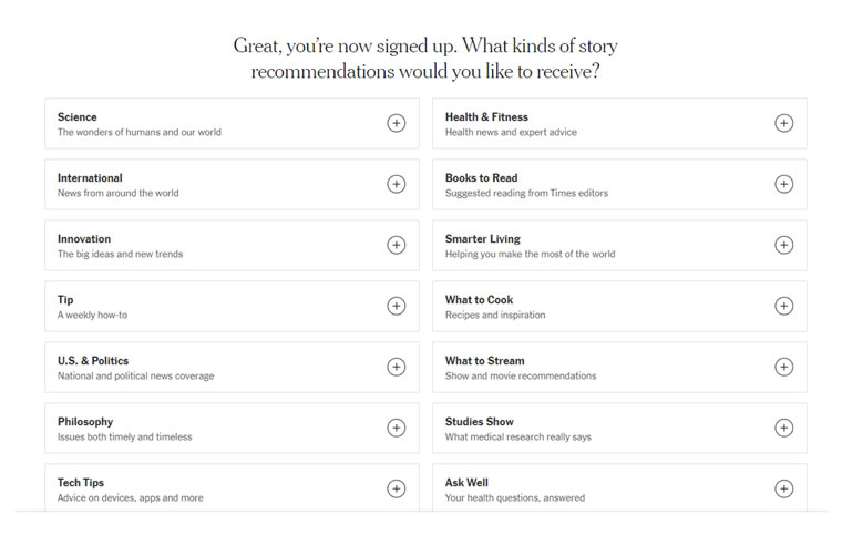 This personalised model from The New York Times encourages subscribes to choose the content they want to receive in a newsletter.