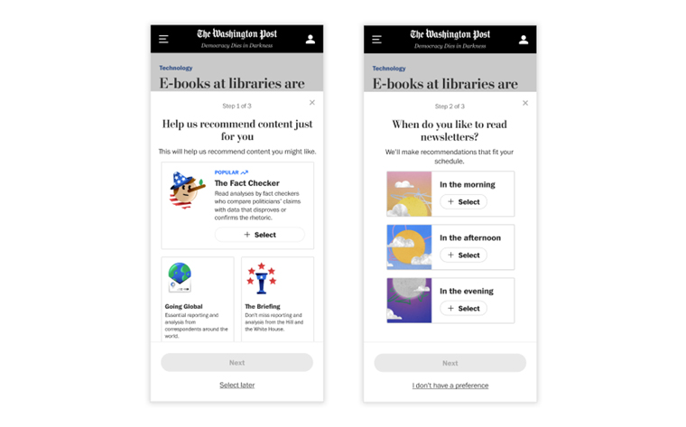 On-site onboarding encourages readers to divulge their interests to further personalise content.