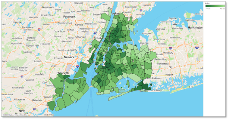 Exhibit B: New York, New York, 2021. Median age by ZIP code.