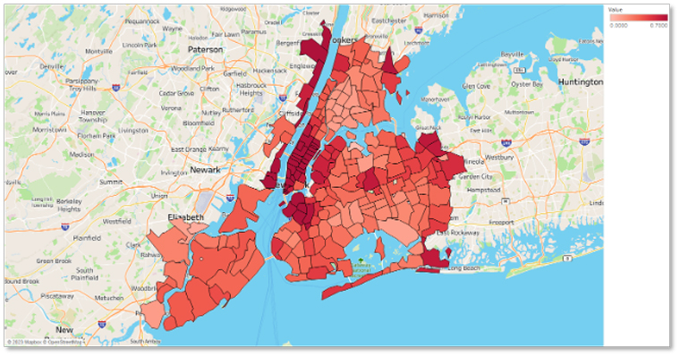 Exhibit C: New York, New York, 2021. Percentage with a bachelor’s degree or higher by ZIP code.