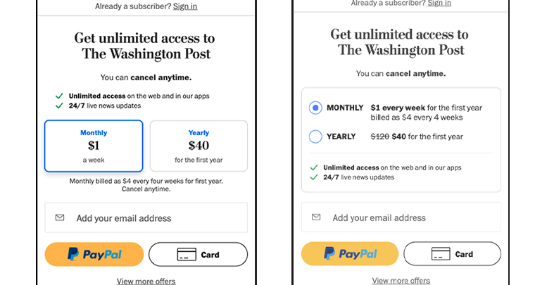 An A/B test allowed The Washington Post team to implement paywall based on user experiences best practices that converted visitors into subscribers at a high level.