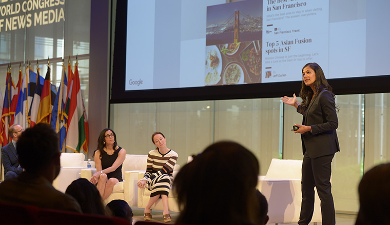 Google’s Nathalie Sajous speaking on the main TimesCenter stage at INMA World Congress.