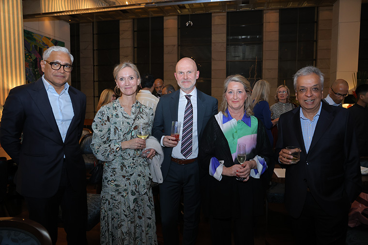 At a dinner celebrating the 20th anniversary of INMA in South Asia, Sivakumar Sandarum of Times of India, Siv Juvik Tveitnes of Schibsted, Gert Ysebaert of Mediahuis and Kathleen Ysebaert, and former HT Media CEO Rajiv Verma enjoy a moment.