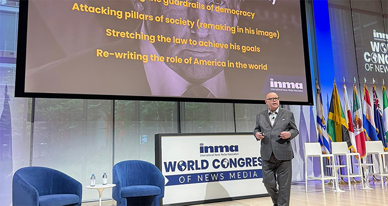 INMA CEO Earl Wilkinson addressed the elephant in the room at the opening of the New York World Congress: President Trump is the top story in the world, his administration's actions are having an impact, and speech and press are less free after his first 120 days in office.