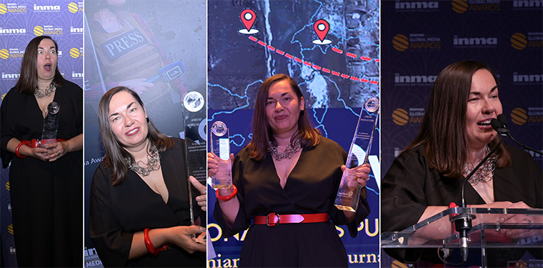 Oksana Brovko, CEO of Association of Independent Regional Press Publishers of Ukraine, expresses a range of emotion upon her association's campaign being selected the INMA Global Media Awards' "Best of Show" in New York's Edison Ballroom on Thursday, May 21.