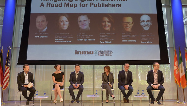 At INMA's World Congress in New York in May, this panel started the discussion on digital platforms. From left to right: John Boynton of Torstar, Rebecca Grossman-Cohen of The New York Times, Espen Egil Hansen of Aftenposten, Pam Siddall of Advance Local, Jason Washing of Google, and Jason White of Facebook.