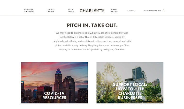 The Charlotte Visitors’ Bureau in the United States created a "Pitch In. Take Out." section on it Web site, they organised by restaurants, craft beer, bars and pubs, and wine and vineyard.