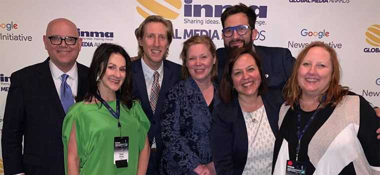Nothing brings the INMA team closer together than executing a conference experience. Pictured here after the 2019 World Congress in New York are, from left, Earl Wilkinson, Katy King, Jamie Hooper, Kris Williams, Tom Corbett, Raquel Meikle, and Dawn McMullan.