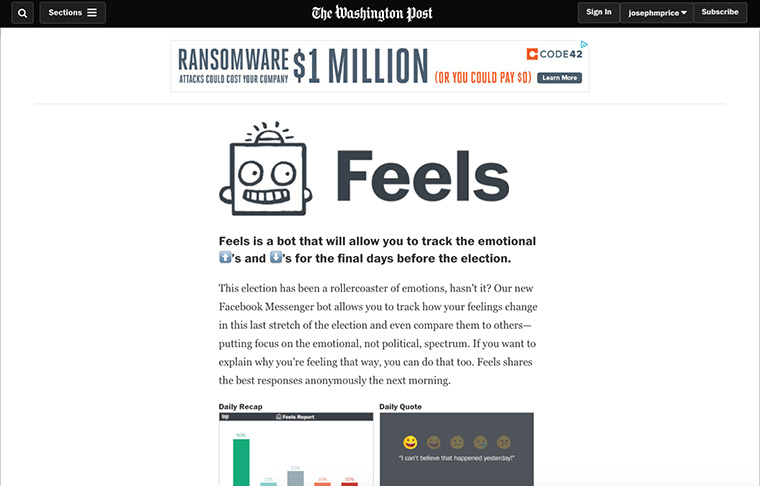 The Washington Posts launched its "Feels" app in October prior to the 2016 U.S. election to seize on a timely opportunity for connecting and interacting with readers.