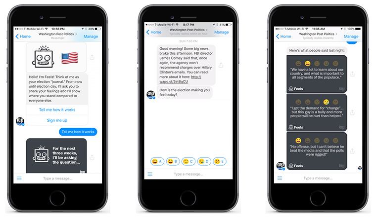 The Washington Post "Feels" bot tapped into the anxiety and anticipation of the U.S. presidential election in a unique and interactive way.