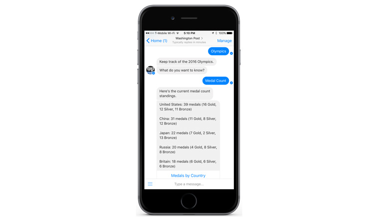 Washington Post's first bot gave users another way to view headlines and interactive features, such as the ability to ask for stories about a certain topic.