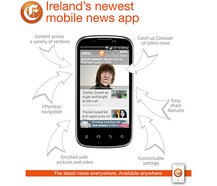An advertisment by Irish Examiner for their newest mobile news app.