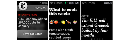 Different functions of New York Times smartwatch app