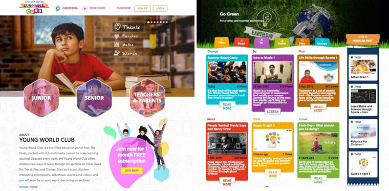 Young World Club caters to different student groups with content organised in age segments and tiered subscription pricing. The online portal extends the reach of a print publication of the same name, targeting students during the school day and at home.