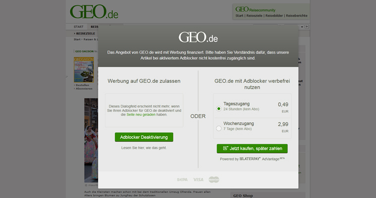Incentives are an effective way to encourage readers to disable adblockers. On Geo.de, pop-up messages give users a choice: deactivate the adblocker or pay for the content.
