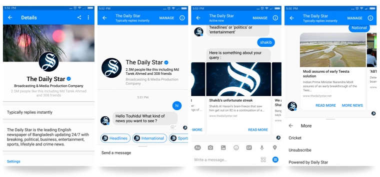 Bot users receive daily morning updates, based on preferences they set, and can easily explore more stories. The Daily Star team already has several updates planned to add more functions.