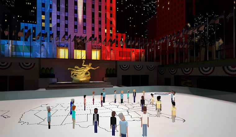 Virtual participants found themselves in a replica of Democracy Plaza with other realistic touches such as the ice rink at Rockefeller Center.
