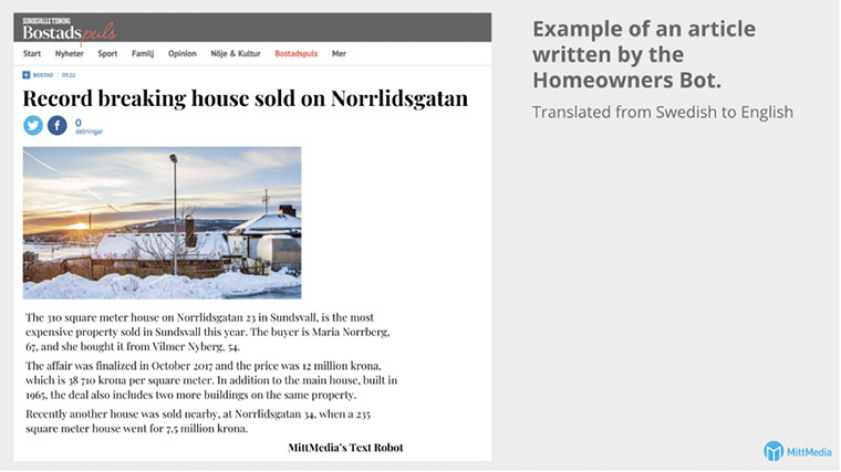 The Homeowners Bot automatically creates an article with details about every home sale within a reader’s area, including a photograph.