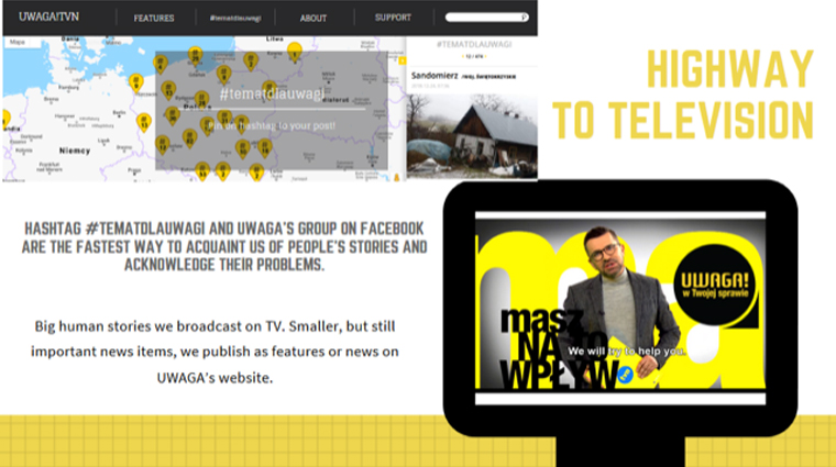 Journalists monitor #tematdlauwagi in real time and harvest story ideas that can be featured on the Uwaga! TV programme or the Web site.