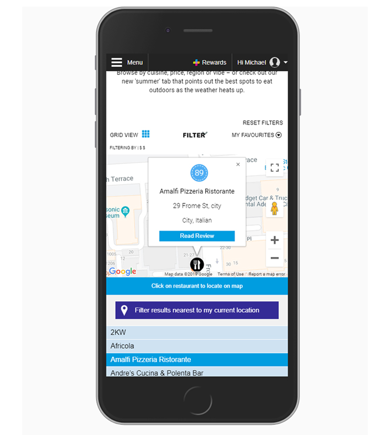 The user is always just a click and a step away from a great dining choice with the “what’s near you now” search option.