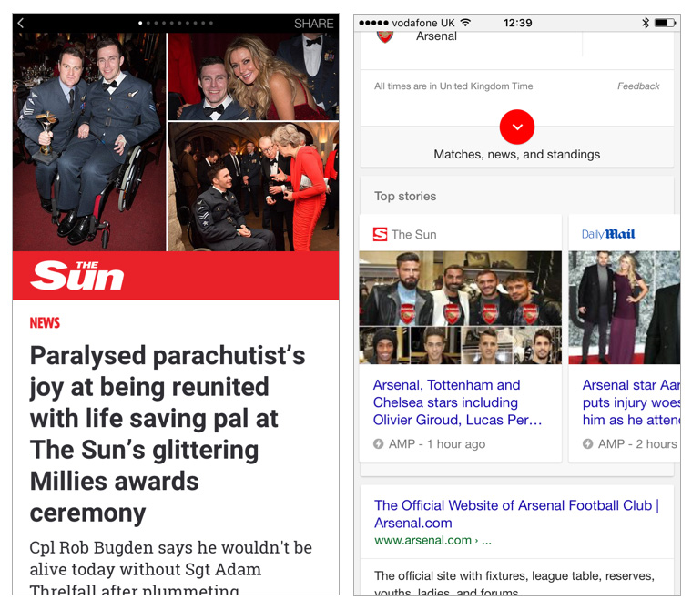 AMP and Facebook Instant Articles (screen shots pictured here) became a key part of The Sun's success in driving traffic and reaching a much larger audience over the past year.