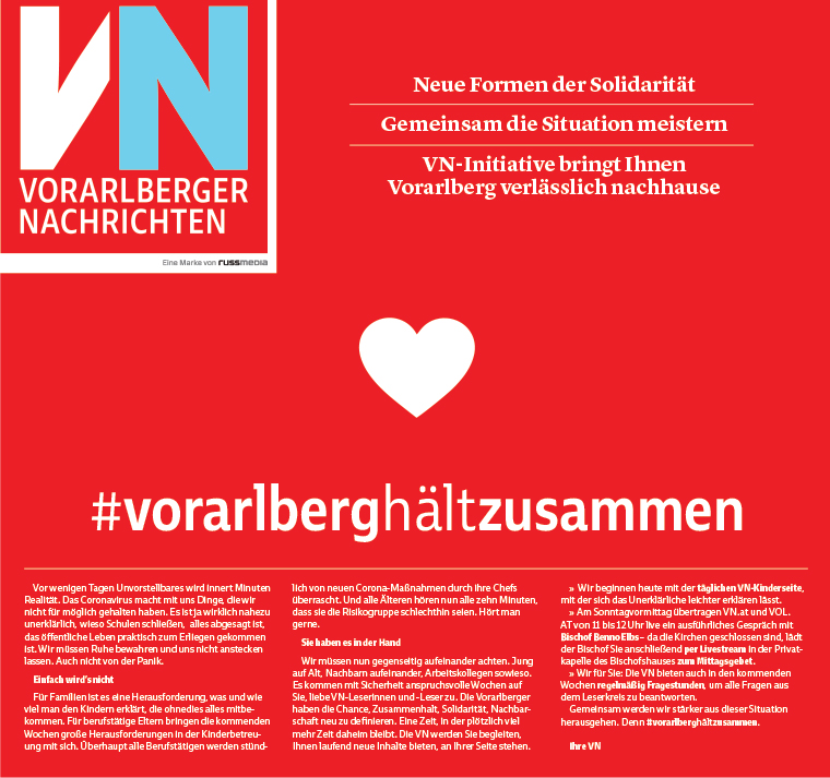 Vorarlberger Nachrichten, a regional newspaper owned by Russmedia, is being proactive with its #vorarlberghältzusammen (#VorarlbergSticksTogether) initiative, bringing its local community together before coronavirus really affects it. 