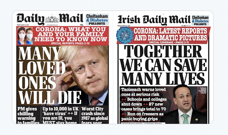 Two front pages from the same day illustrate the different approach of constructive journalism, providing hope and encouragement rather than doom and gloom.