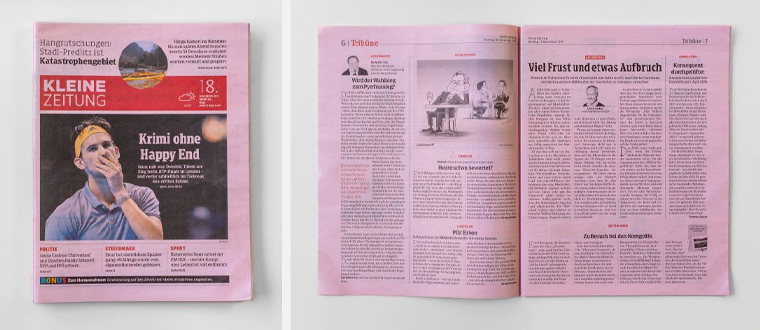 Pink editions of the newspaper created a striking accompaniment to buildings illuminated in pink as part of Kleine Zeitung's campaign.