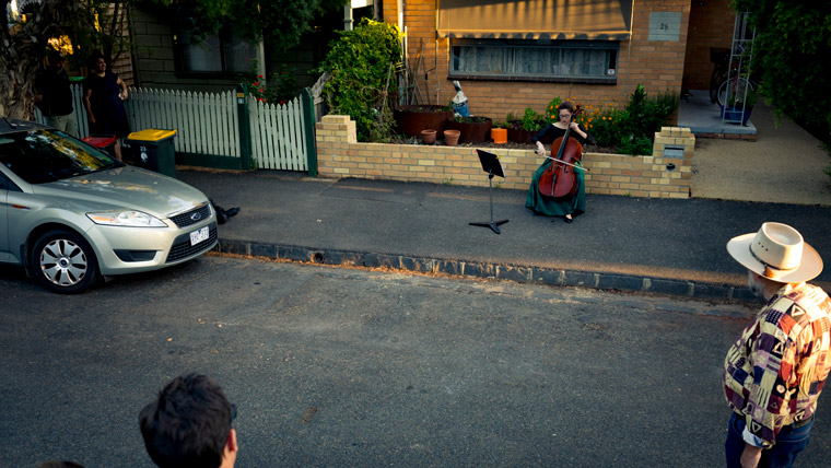 Chamber musician Josephine Vains plays a social distancing “concert” for her neighbourhood in Melbourne’s Brunswick.