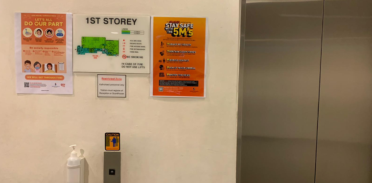 Hand sanitizers are available at all lift lobbies so staff can keep their hands clean. Keeping information and reminders handy helps keep employees focused on protocol and feel safe.