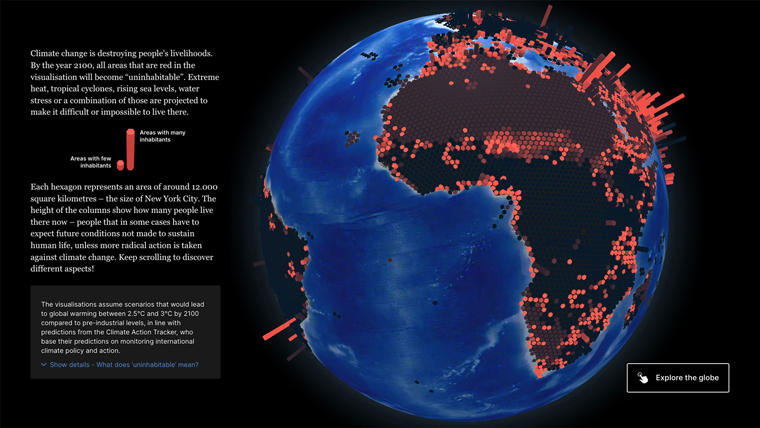 In the “explore” mode, readers can interact with the data and visualisations. The maps lists regions and states that are expected to be hit hardest.