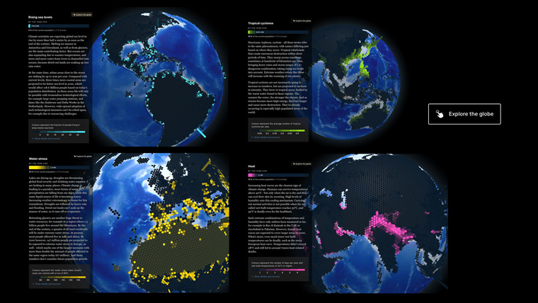 Funke Interactive uses an interactive globe to shows what parts of the world could become uninhabitable. Guided scrollytelling contains the most important context and information for each climate factor.