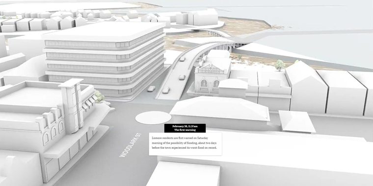 An animated map in the story shows how flooding inundated the city of Lismore and affected properties.