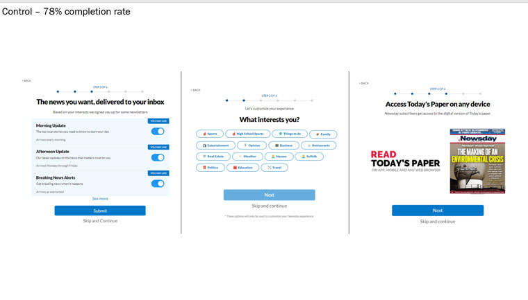 The initial onboarding series launched with three cards: interests, newsletters, and e-edition.