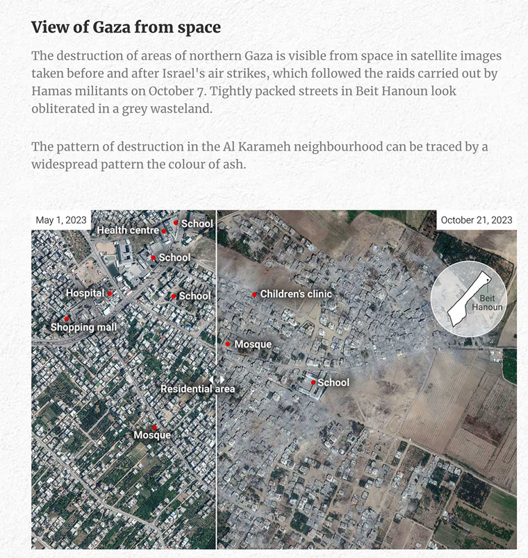 Key points of interest were noted in the before and after satellite images.