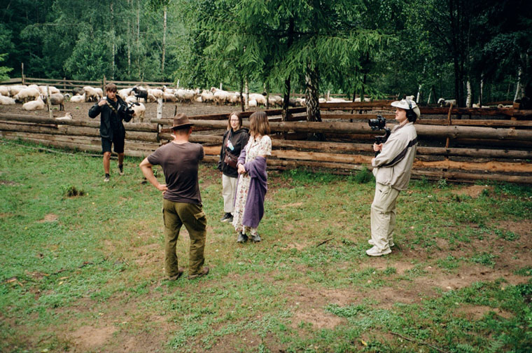 The film crew captures sheep herding culture in the Carpathian Mountains in July 2024. Photo by Valeriia Snopkova/The Kyiv Independent.