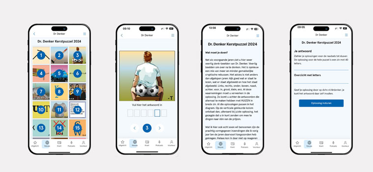 Key features of the digital version of Dr. Denker include (from left) a clear puzzle overview, tap to solve, step-by-step instructions, and progress tracking.
