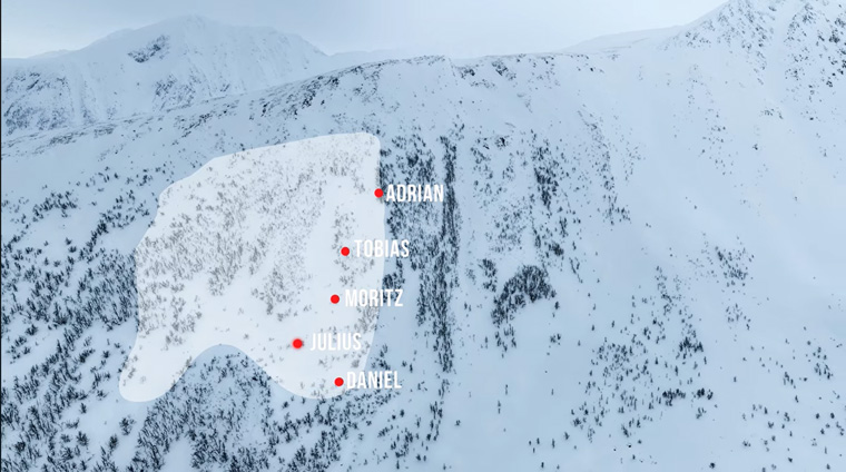 Visualisations pinpointed the exact location of each of the skiers when the avalanche struck.