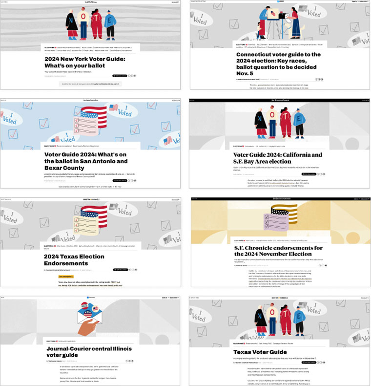 Hearst DevHub created a set of interchangeable spot illustrations and backgrounds for its voter guides, which newsrooms could use to create their own unique visuals.