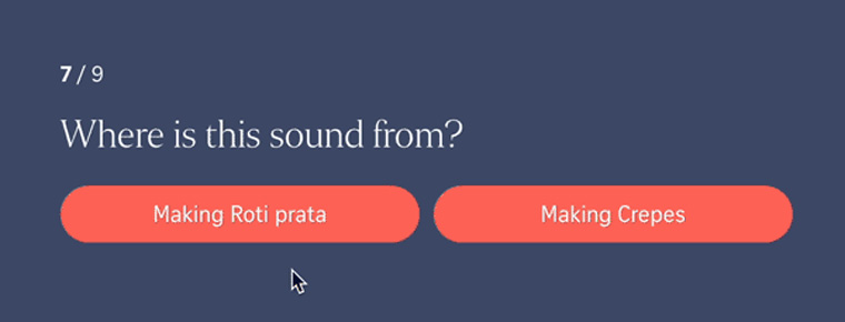The micro-interactions when users select the correct and incorrect answers use the same types of animated shapes as the quiz collages.